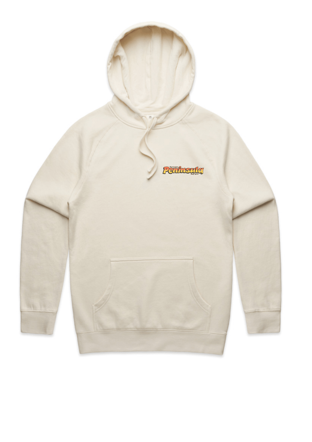 Peninsula Surf Spots | Hoodie - OutriggerBeige hoodie with a logo on the chest against a white background