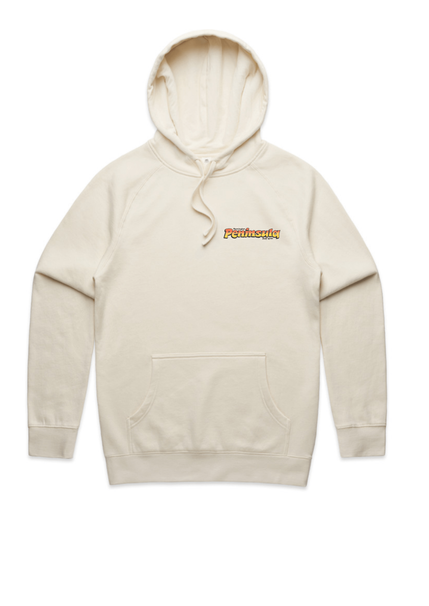 Peninsula Surf Spots | Hoodie - OutriggerBeige hoodie with a logo on the chest against a white background